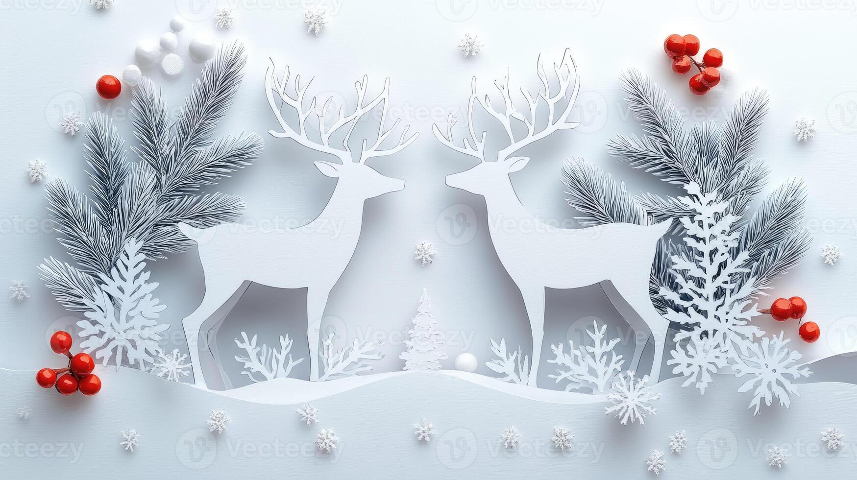 Two white paper cutout reindeer standing in a winter wonderland photo