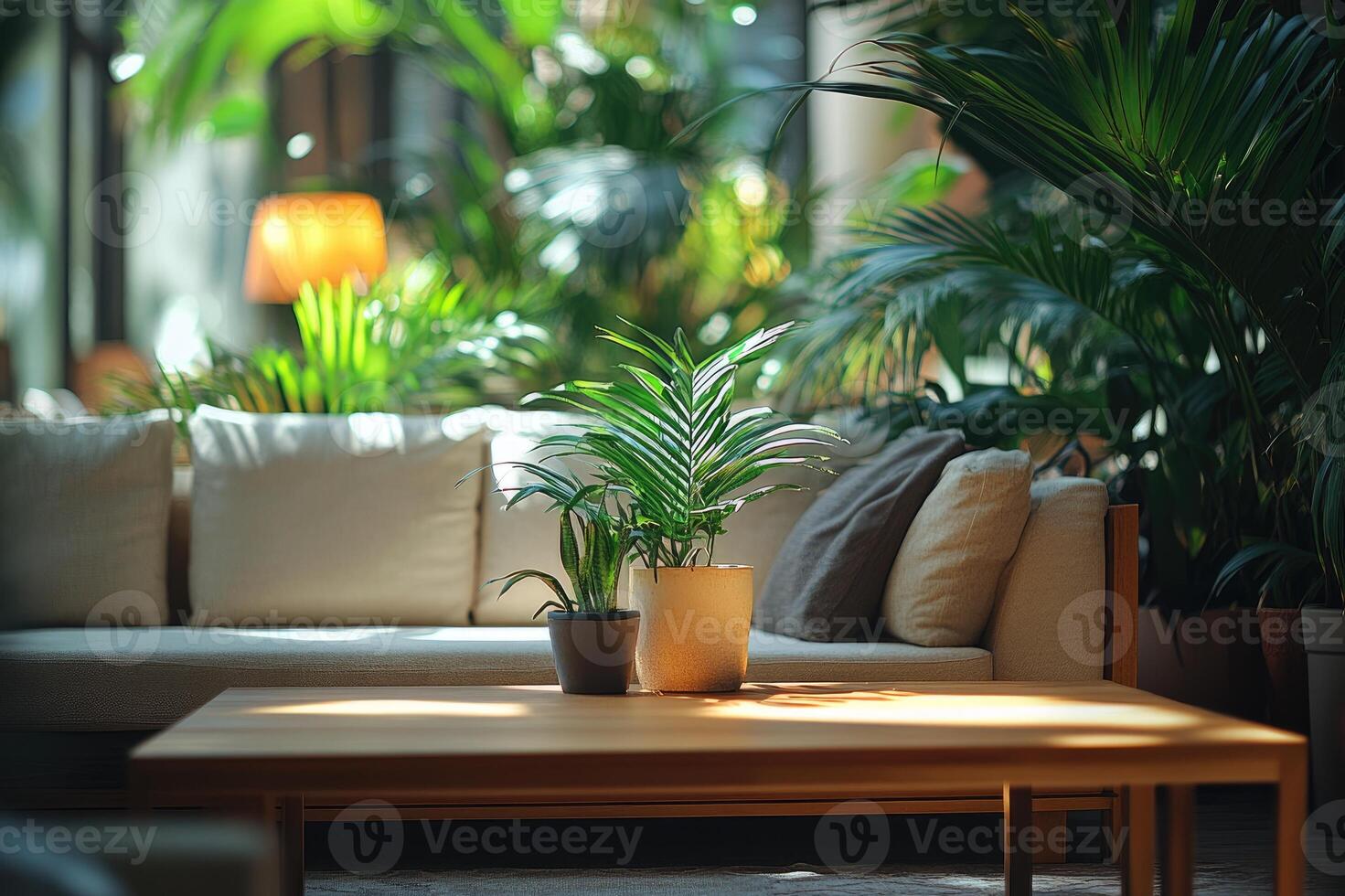 Green plants bringing tropical vibe to modern living room interior design photo