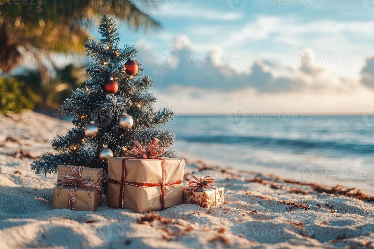 Christmas tree with gift boxes standing on a sandy beach photo