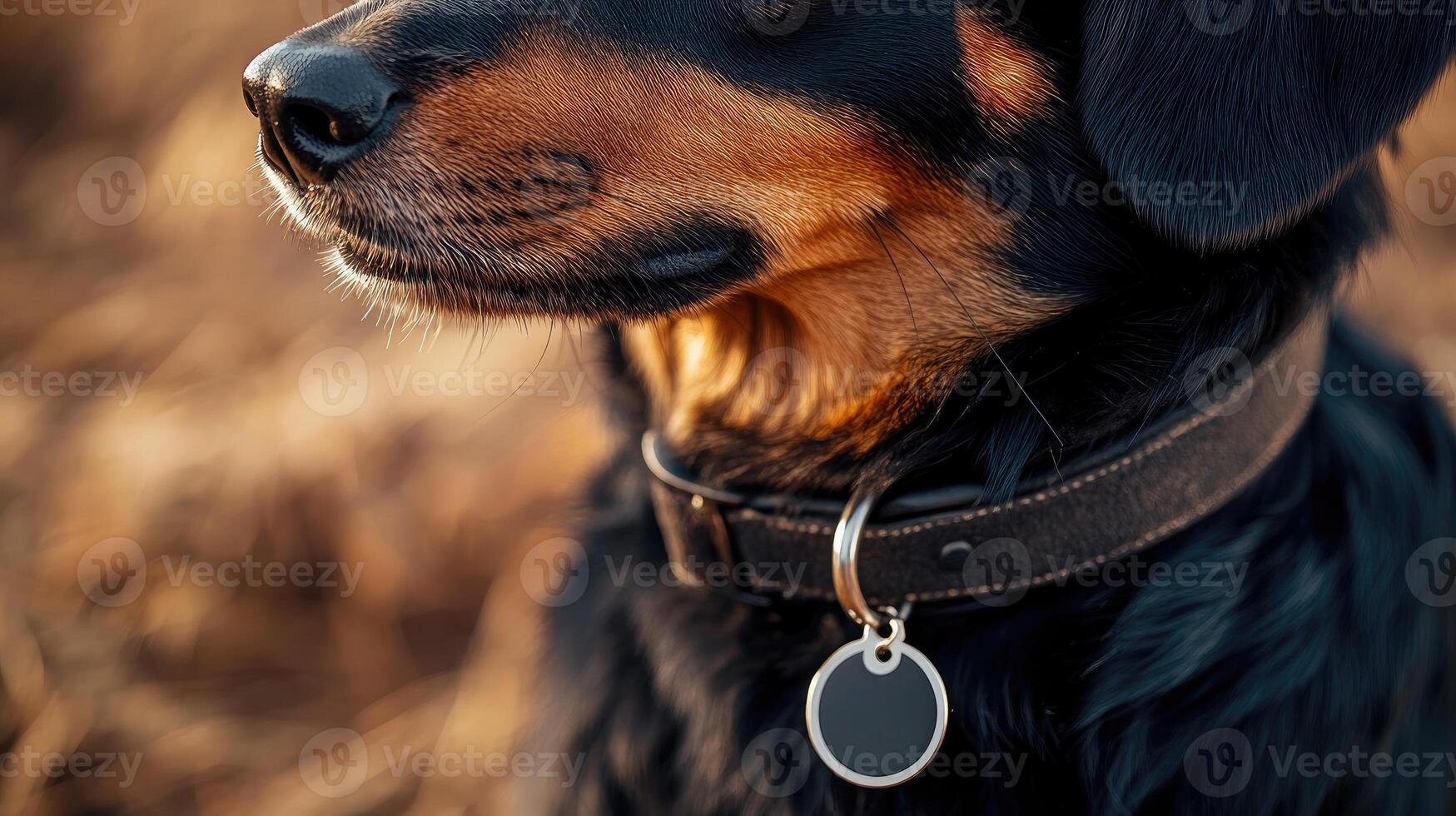Dog wearing collar with blank tag for your text photo