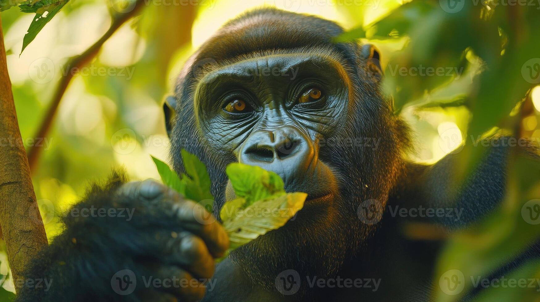 Western gorilla hiding in foliage in a forest photo