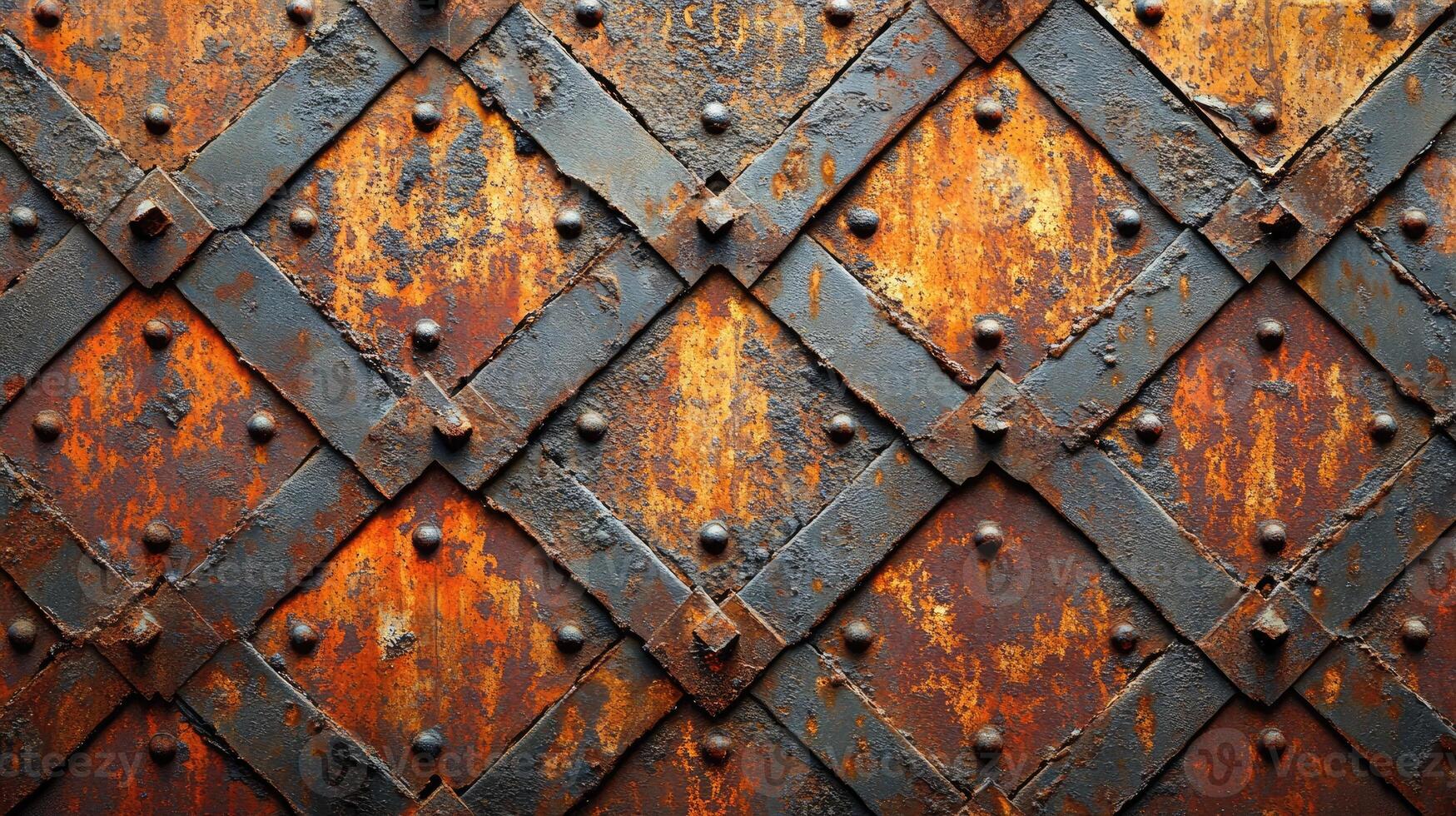 Old rusty metal door with forged steel bands showing diagonal pattern photo