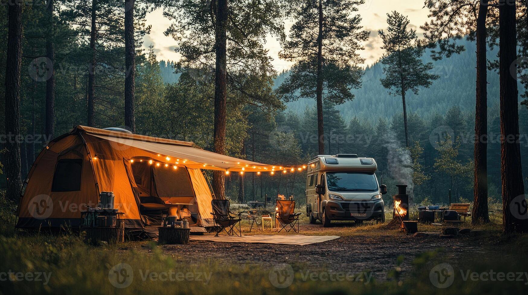 Camper enjoying a cozy evening with illuminated tent and campfire in the forest photo