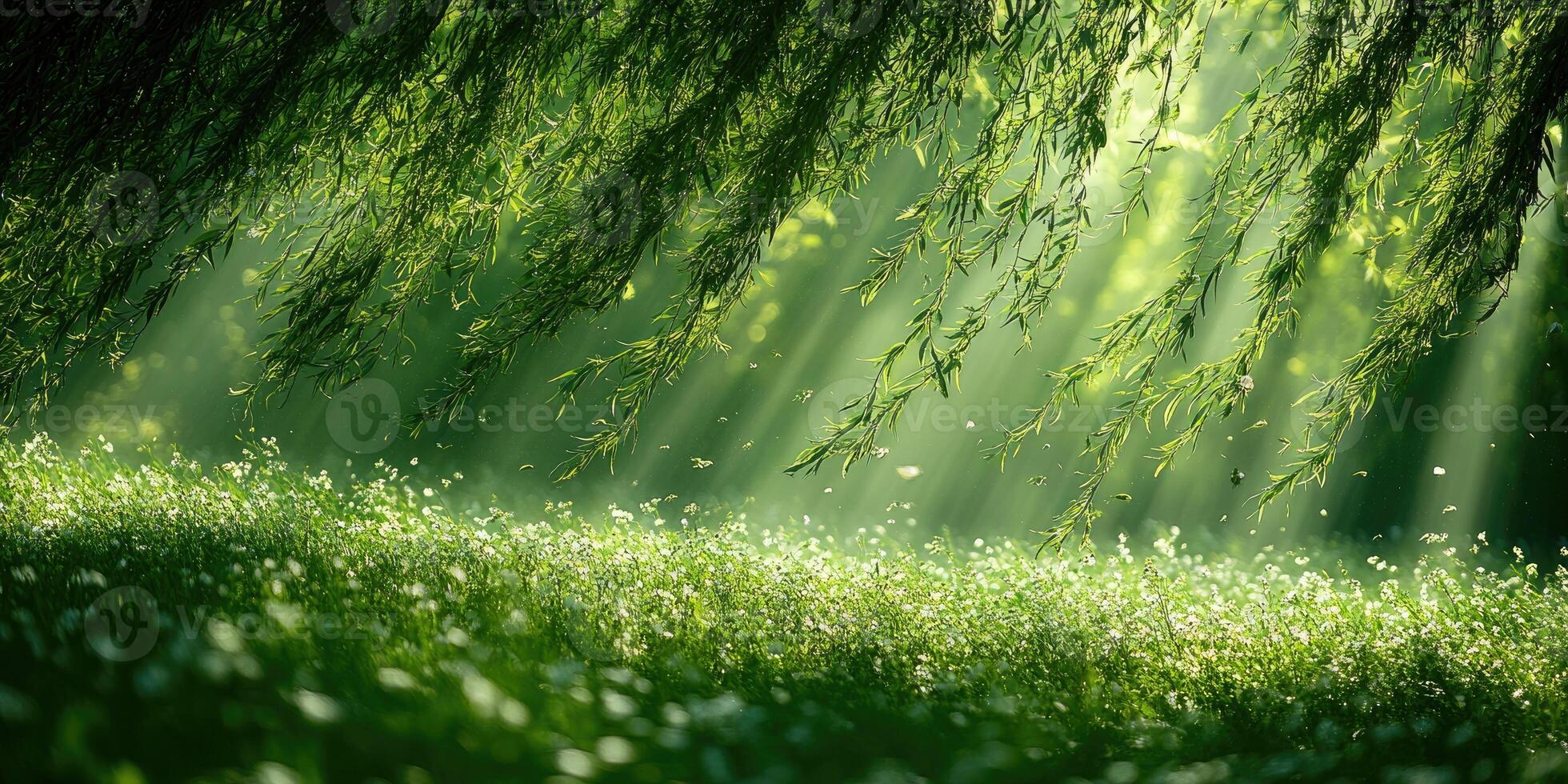 Sunlight filtering through willow tree branches in springtime photo