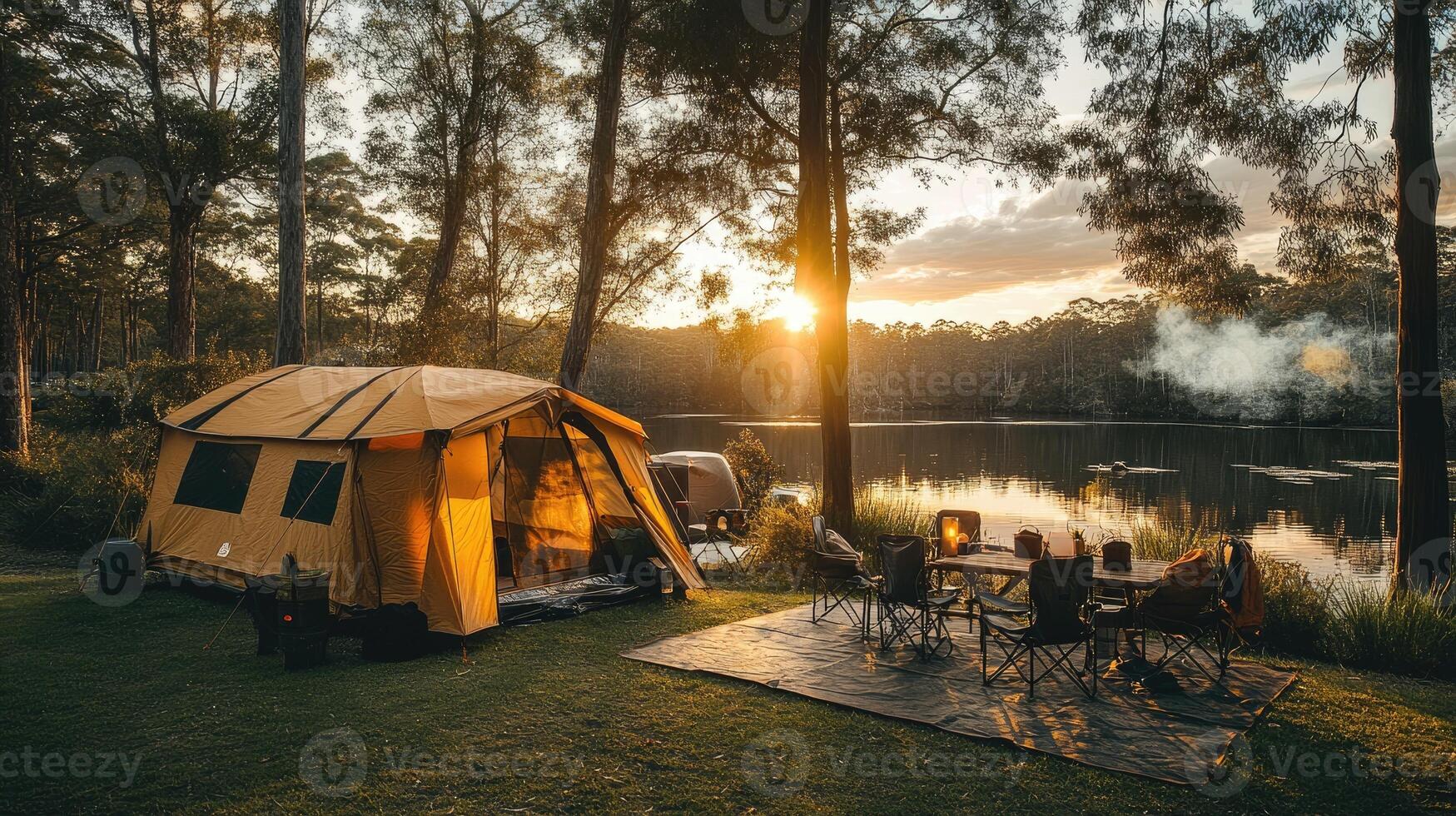 Camping tent glowing in the light of the setting sun by the lake photo