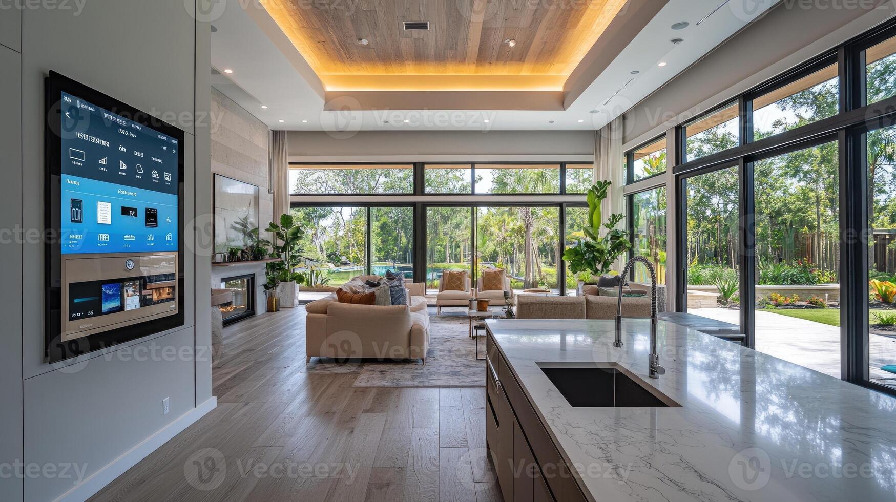 Modern smart home automation system controlling lighting and appliances photo