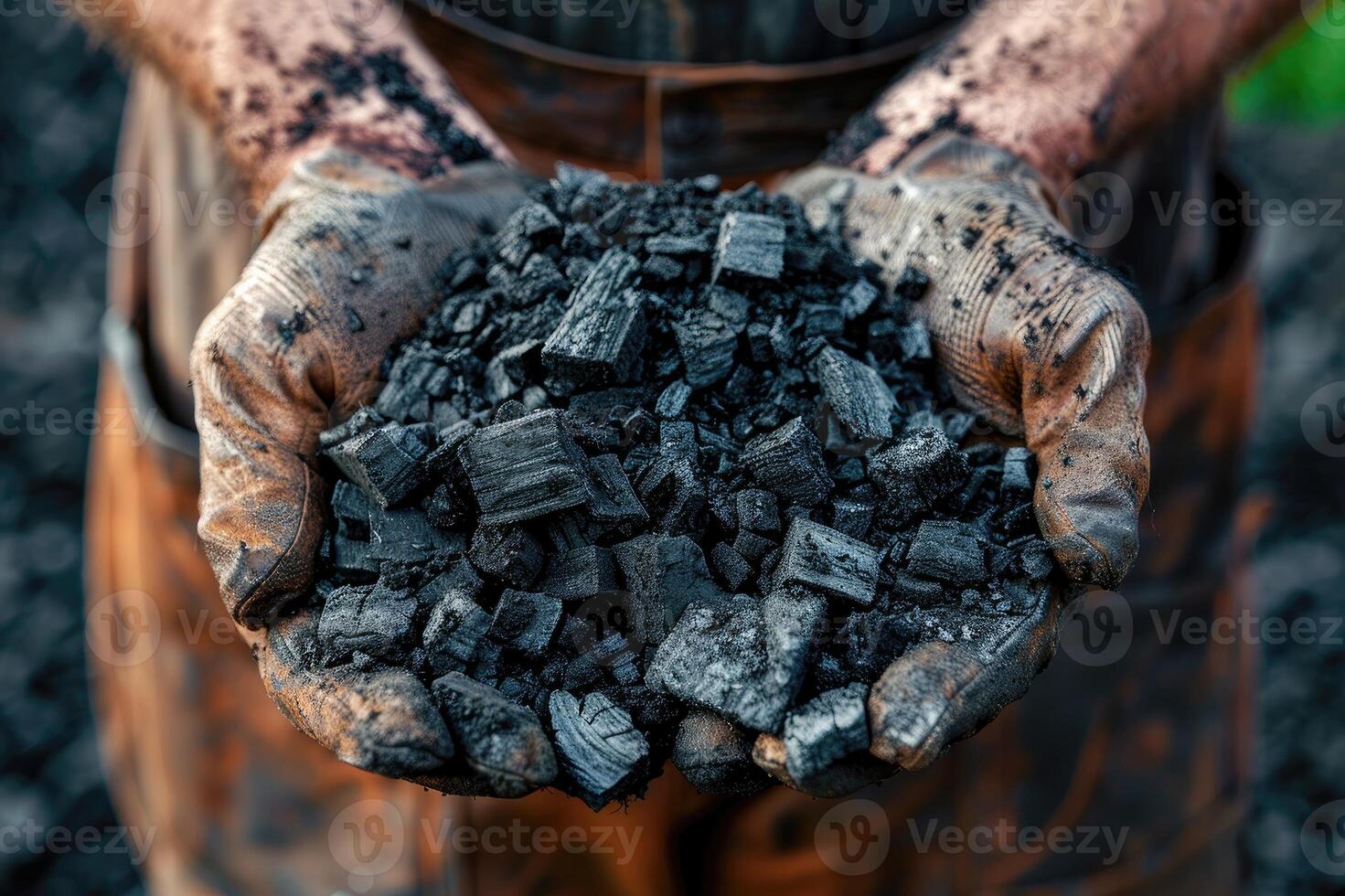 Coal miner holding pieces of coal in hands wearing dirty gloves photo