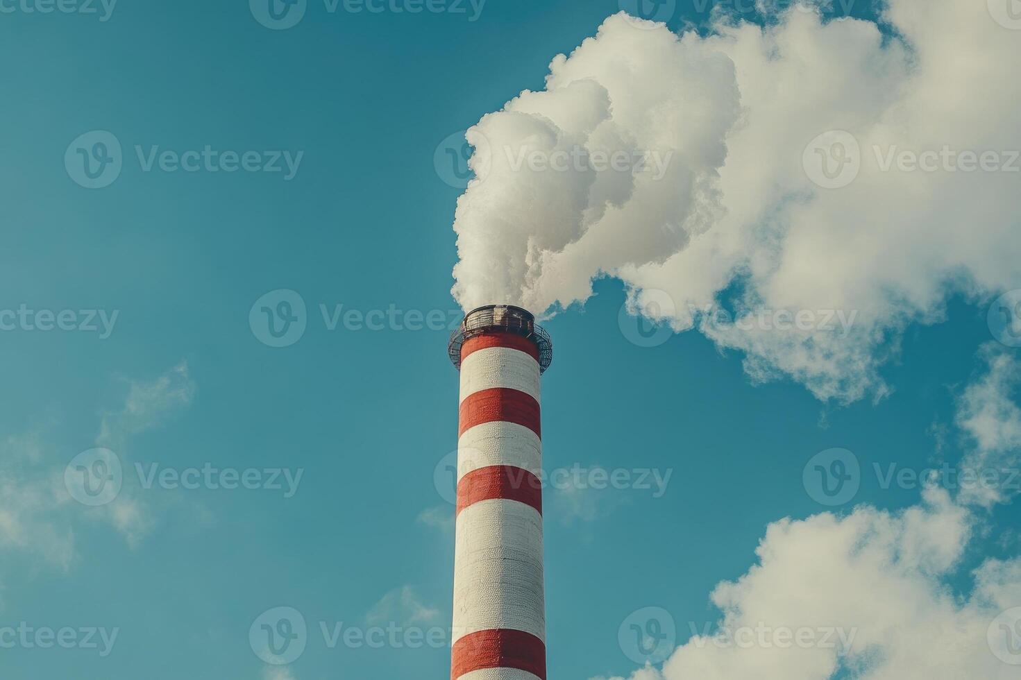 Industrial chimney emitting smoke into the atmosphere on blue sky photo