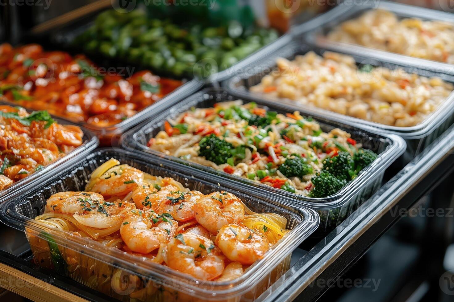 Plastic containers with different asian food on supermarket shelf photo