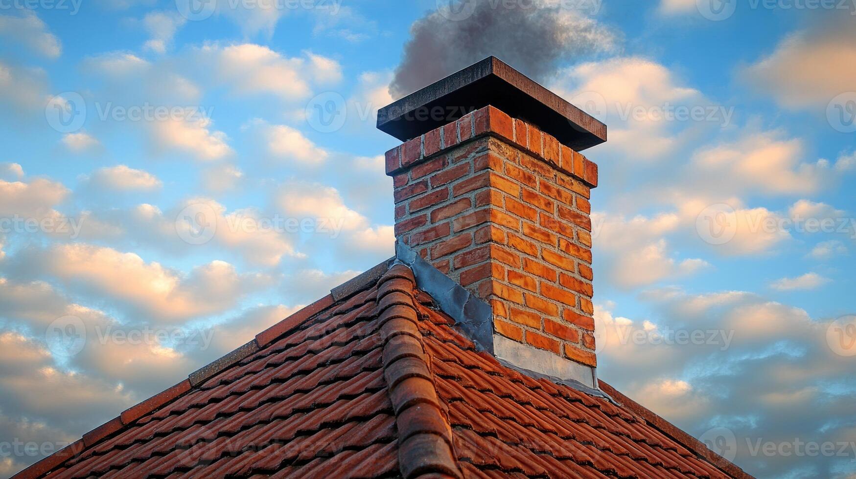 Brick chimney smoking on a cloudy day on tiled roof photo