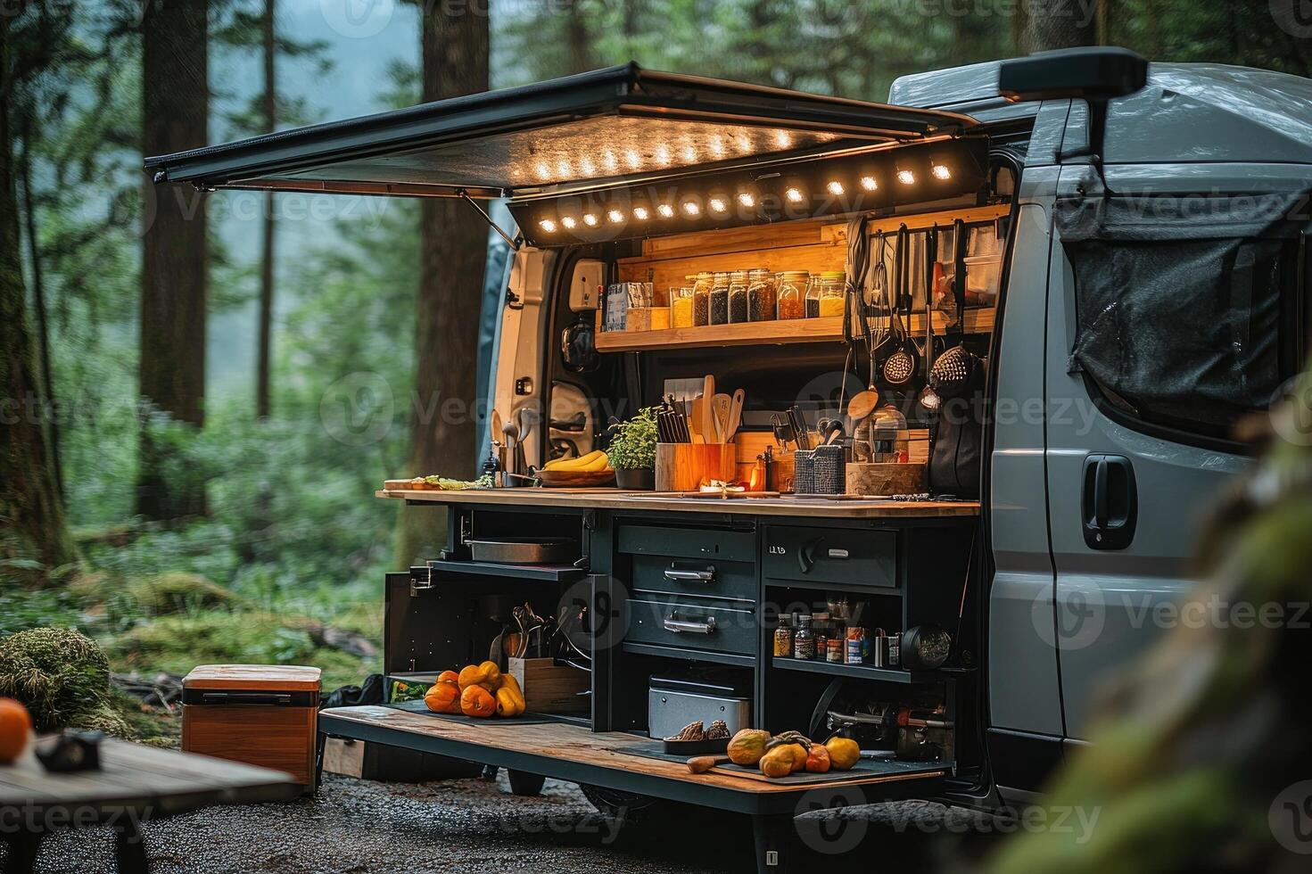 Camper van kitchen fully equipped for cooking in the woods photo