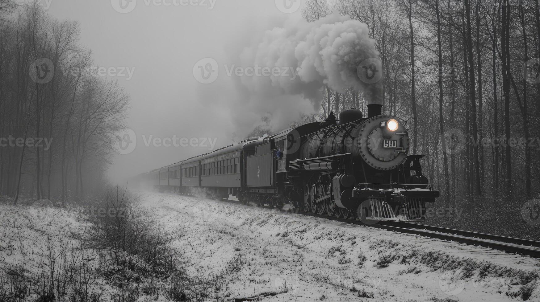 Powerful steam train blowing smoke traveling through forest in winter photo