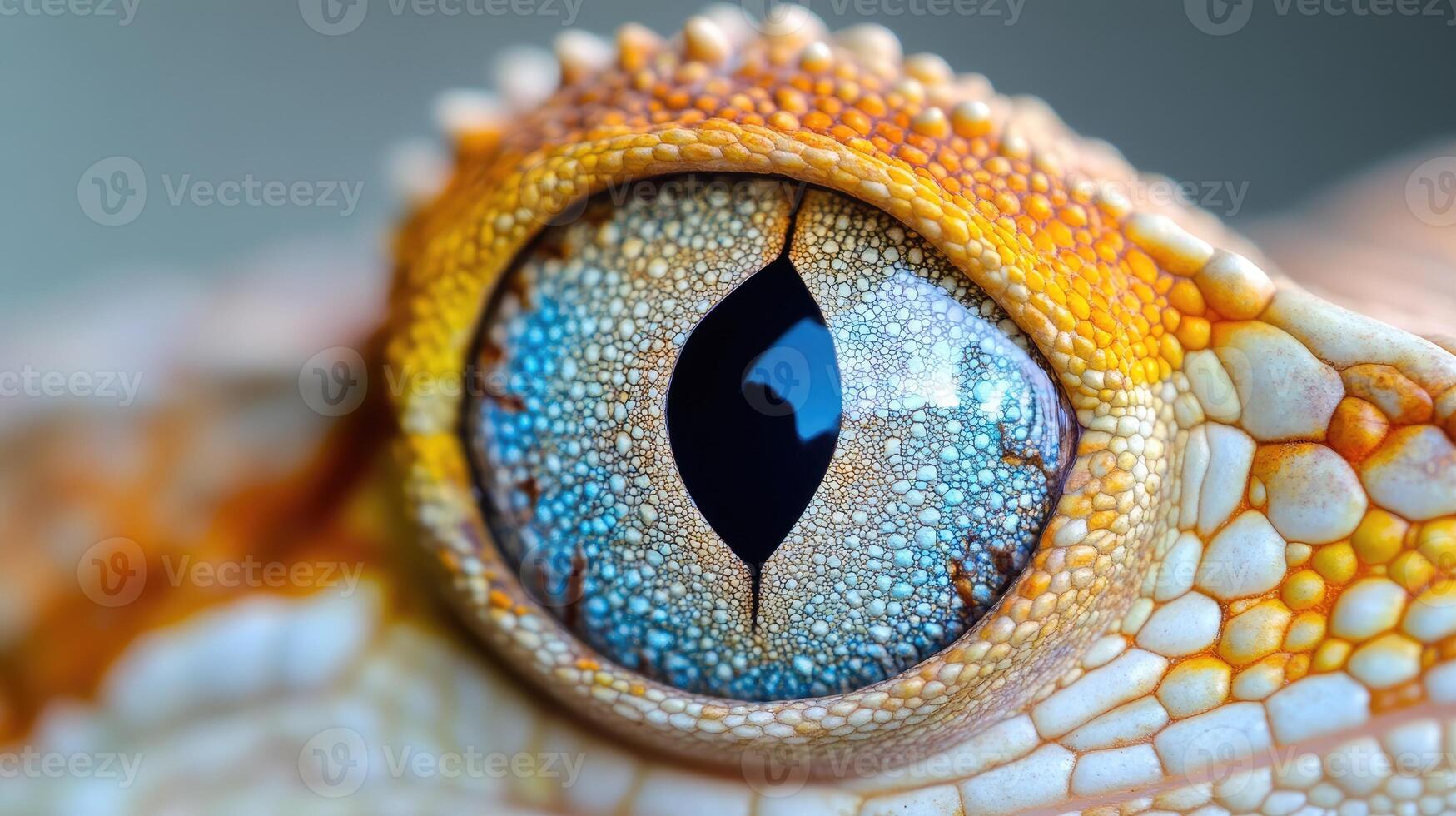 Gecko eye showing vertical black pupil surrounded by blue and orange scales photo