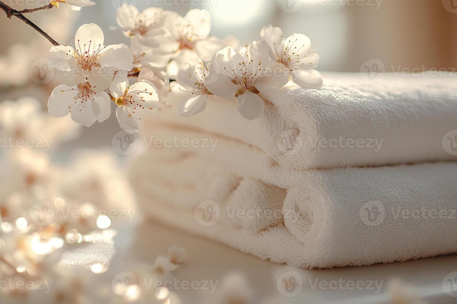 Stack of white towels decorated with cherry blossoms creating a relaxing spa atmosphere photo