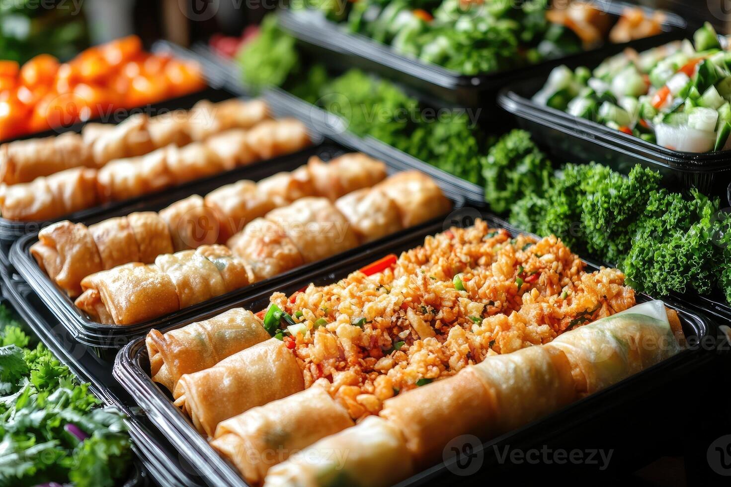 Delicious spring rolls and fresh vegetables served on a buffet photo