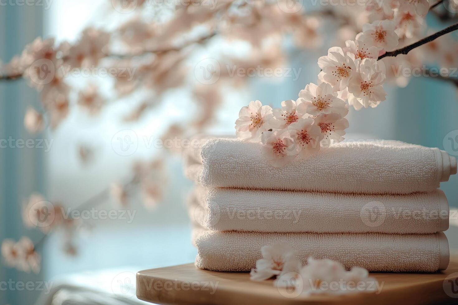 Stack of white towels decorated with cherry blossoms creating a relaxing spa atmosphere photo