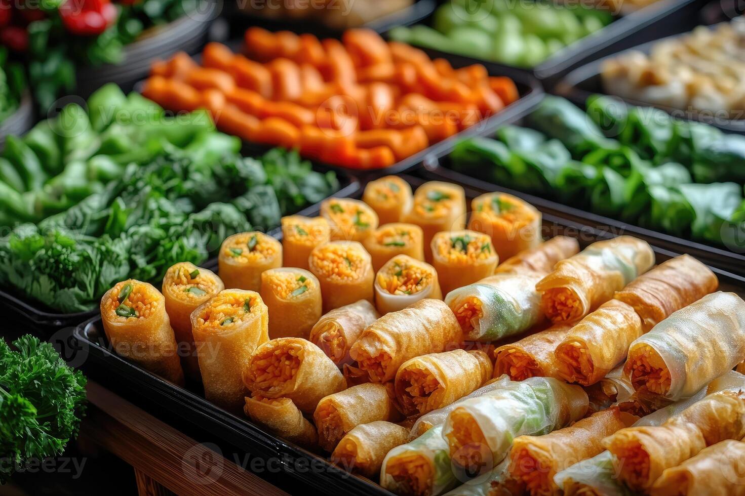 Freshly made spring rolls and vegetable platter displayed on a buffet table photo