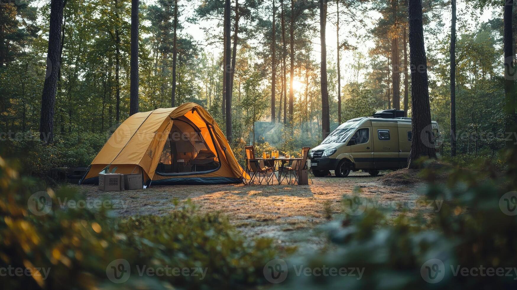 Camper van parked near tent and table in forest at sunset photo