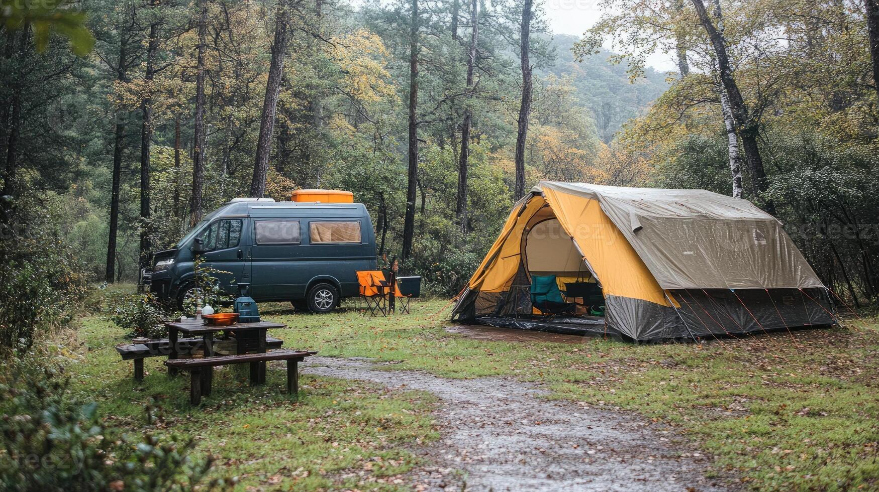 Tourists camping with tent and camper van enjoying camping trip in the forest photo