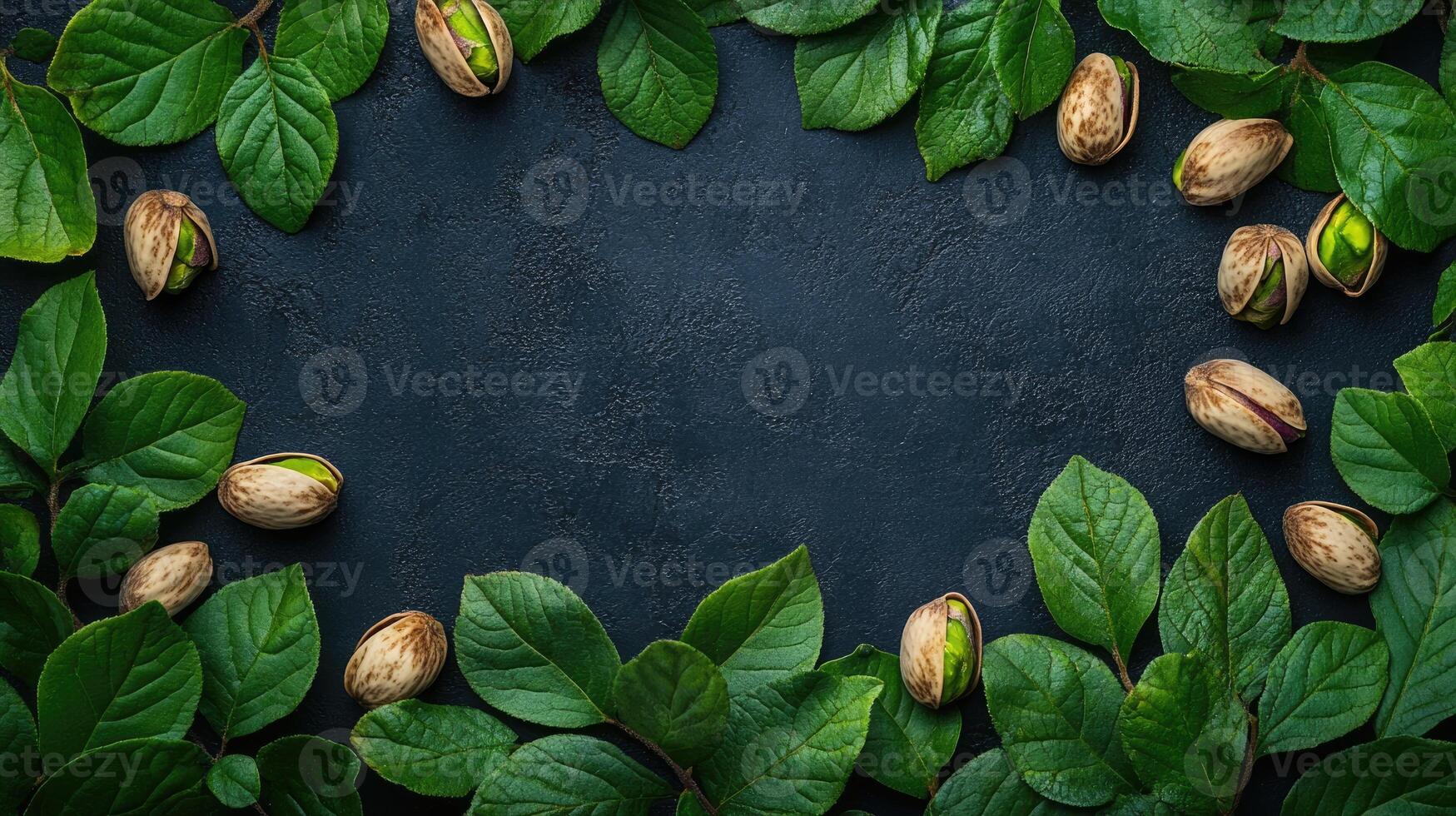 Pistachio nuts frame surrounding dark blue textured background photo