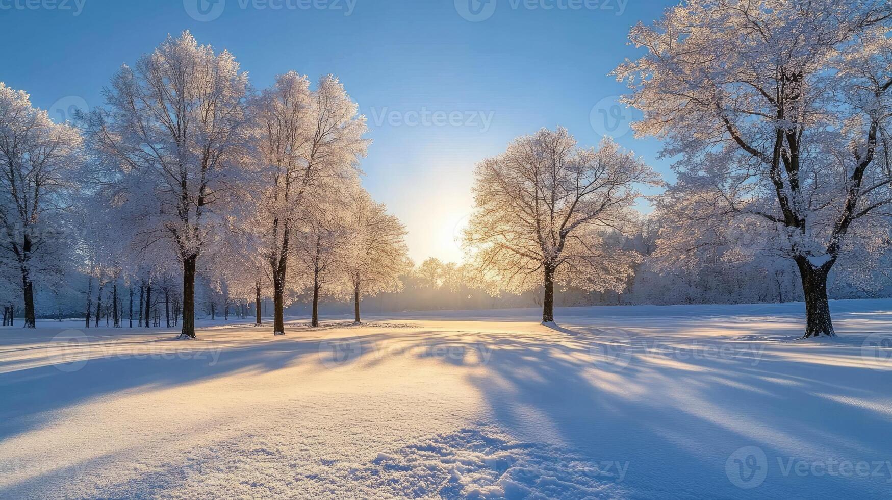 Winter sun shining through snow covered trees photo