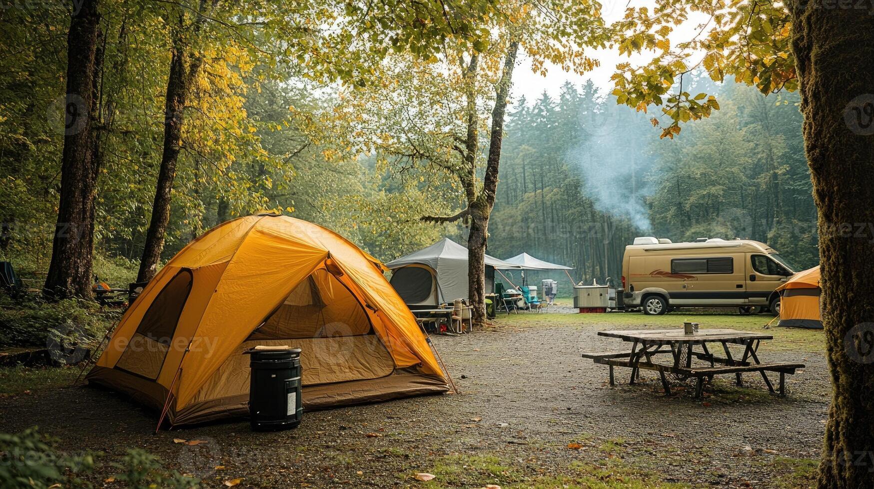 Tourists camping with tent and camper van enjoying camping trip in the forest photo
