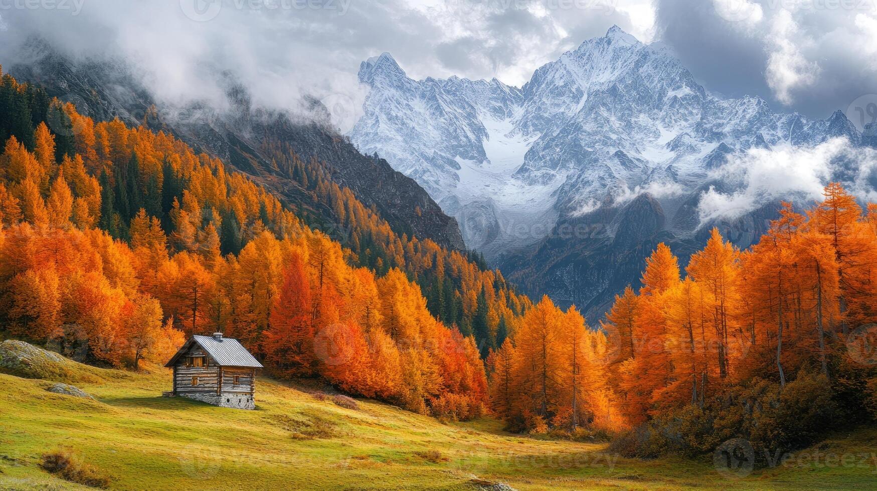 Wooden cabin nestled in a colorful autumn mountain landscape photo