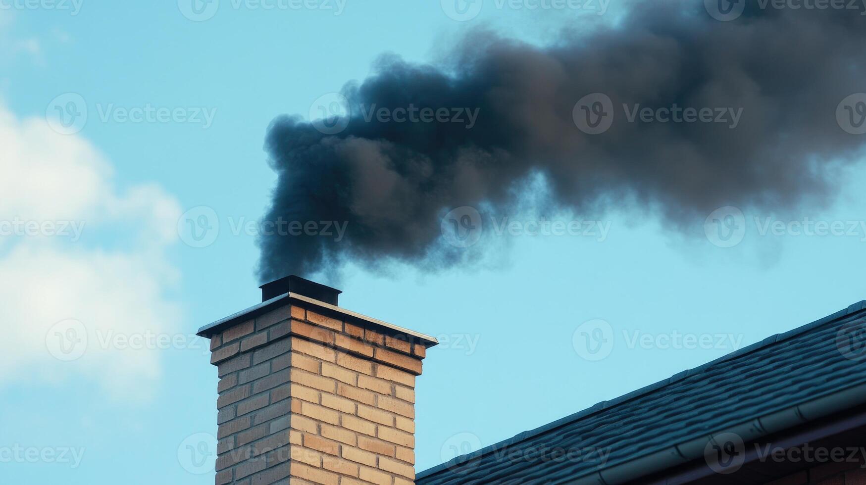 Brick chimney releasing black smoke into the atmosphere from residential home photo