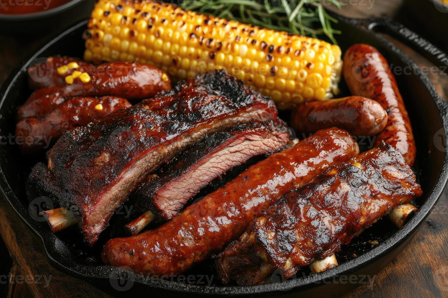 Delicious grilled sausages and corn serving with sliced roast beef on cast iron pan photo