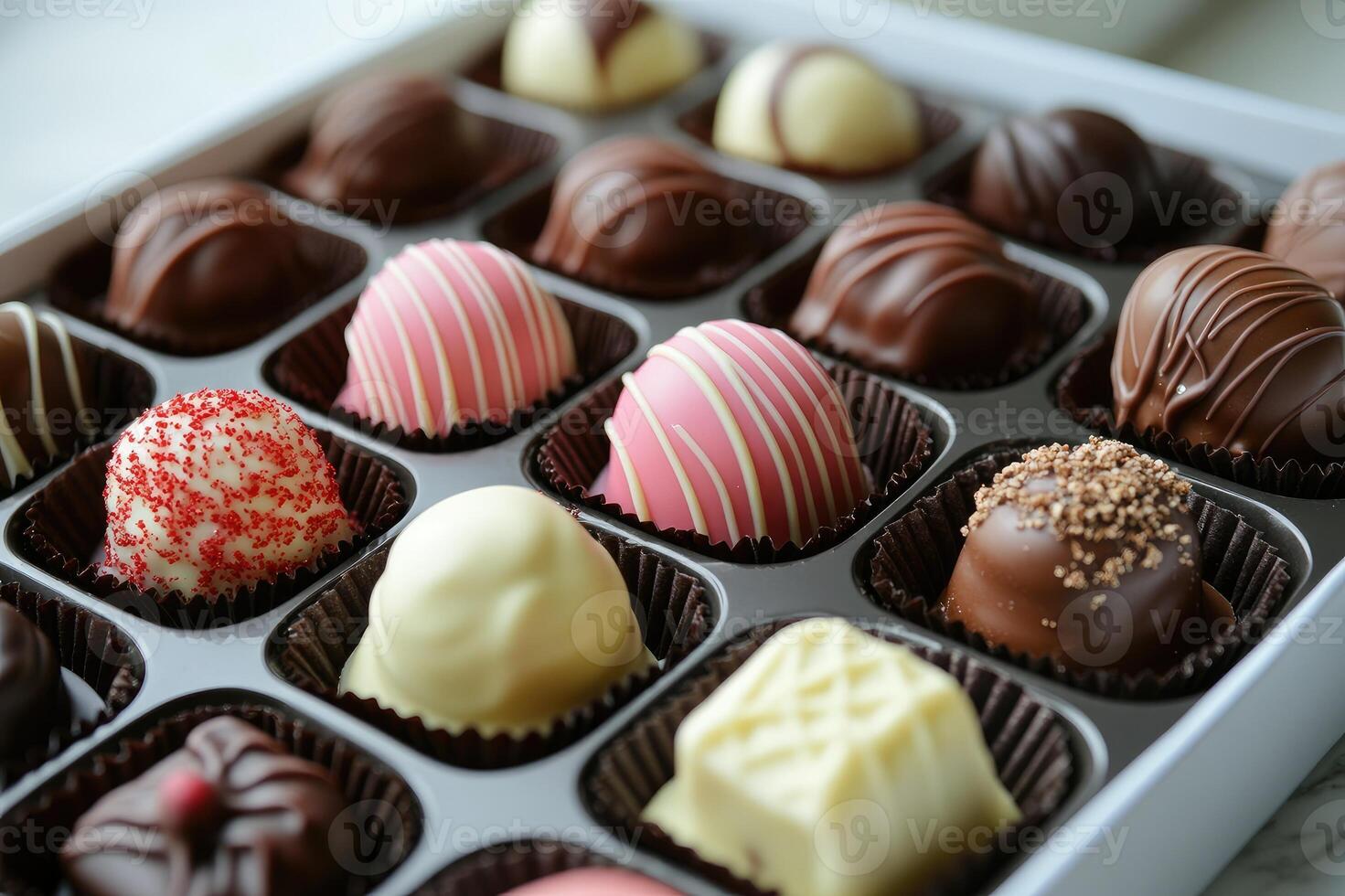 Box of assorted gourmet chocolates is open and waiting photo