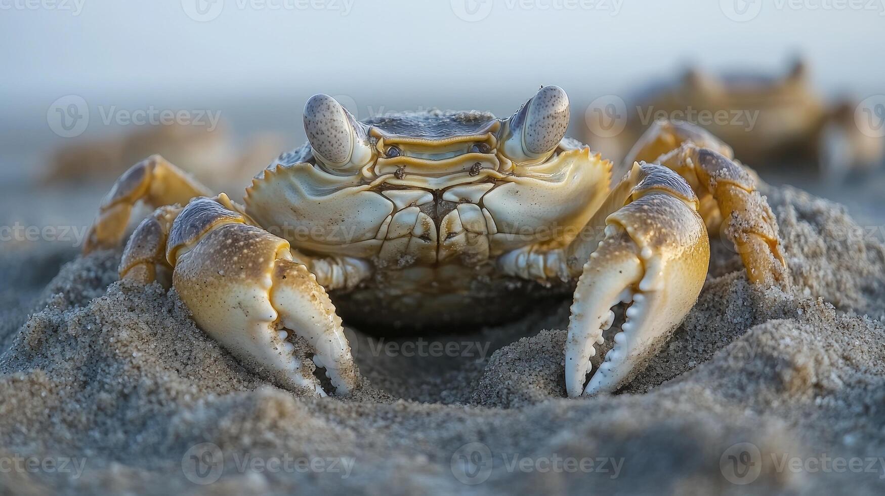 Crab standing on a sandy beach in the evening photo