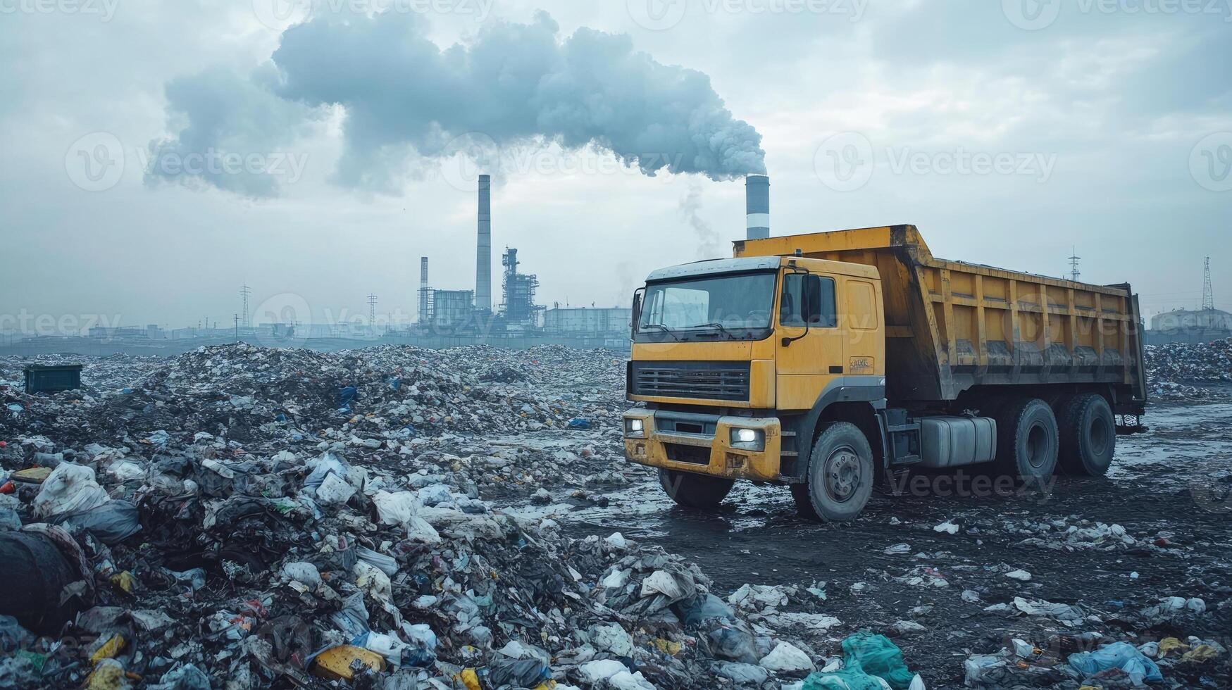 Dump truck reversing in landfill with smoking factory in background photo