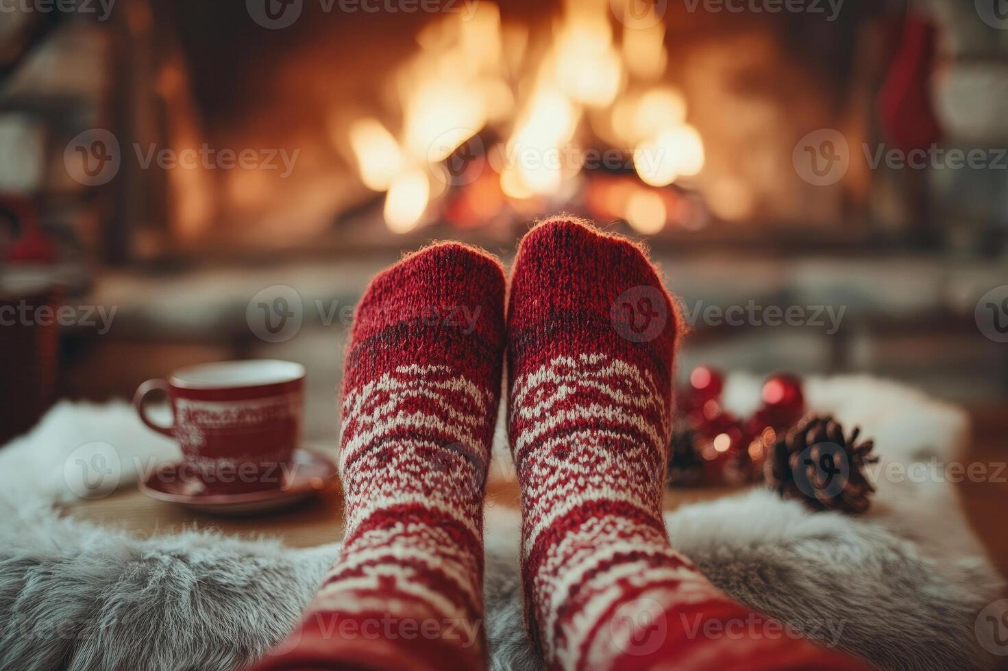 Relaxing by the fireplace wearing warm knitted socks on christmas eve photo