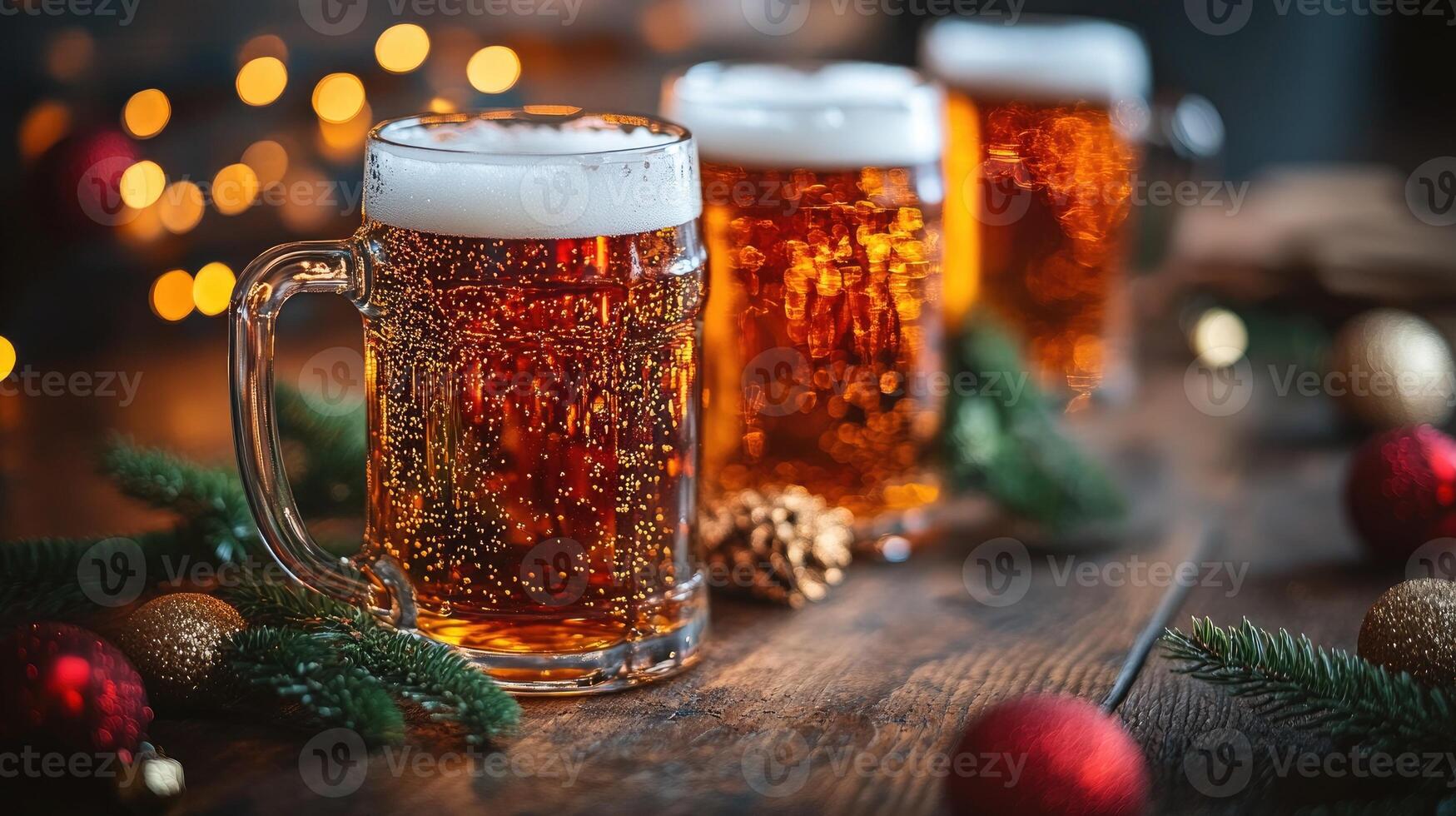 Christmas beer is pouring into glass mugs on table with garland and string lights photo
