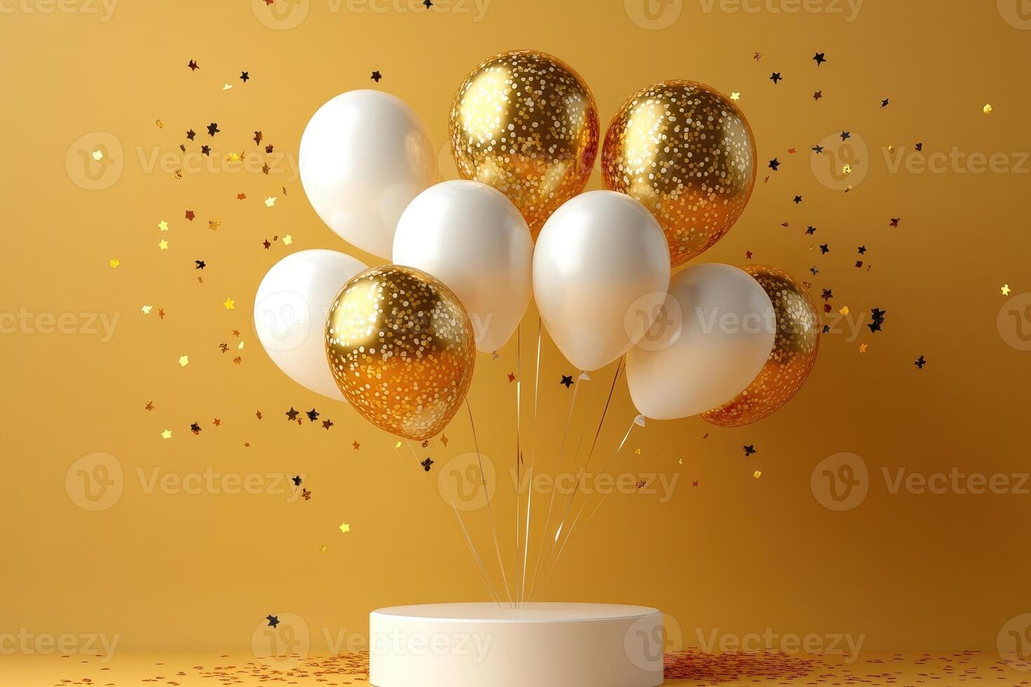 White and gold balloons floating over a round podium with falling confetti photo