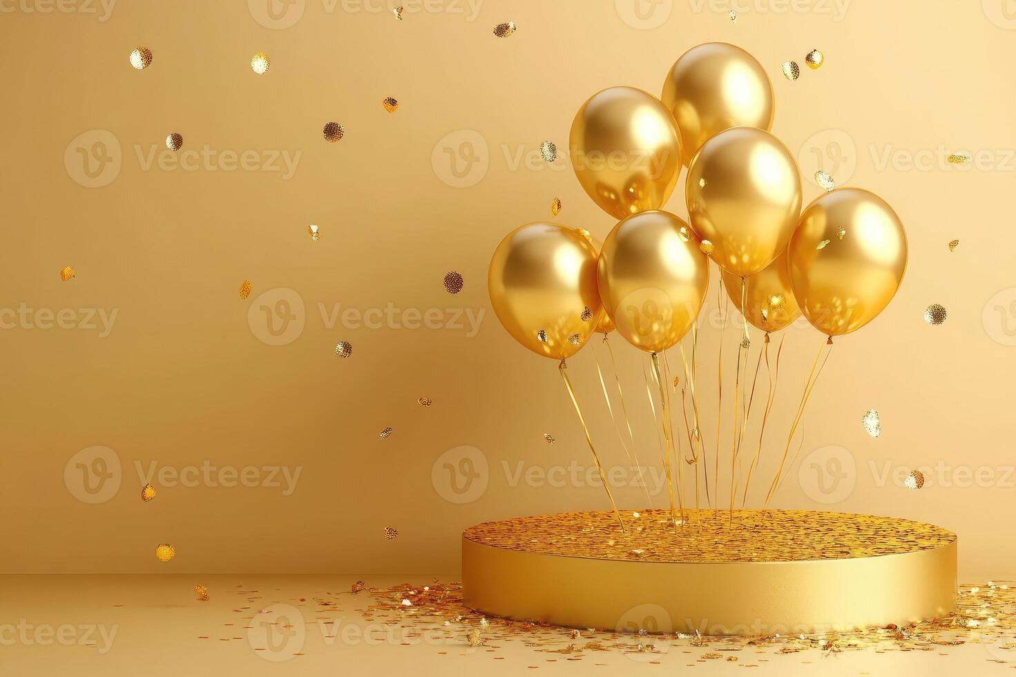 Golden balloons floating over empty glitter stage with falling confetti photo