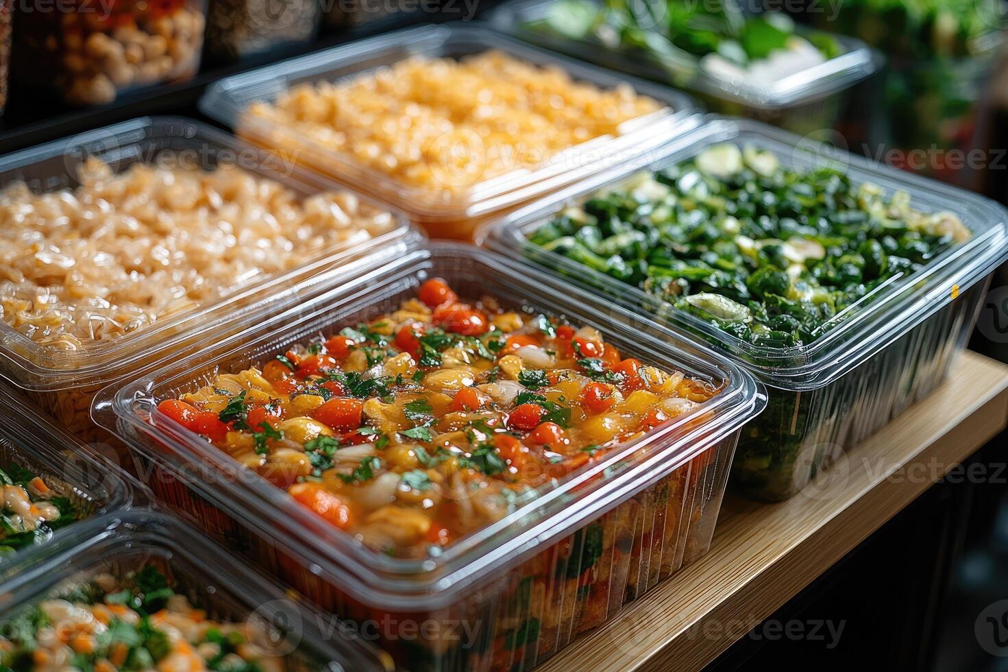 Variety of delicious salads displayed on a wooden countertop in a store photo