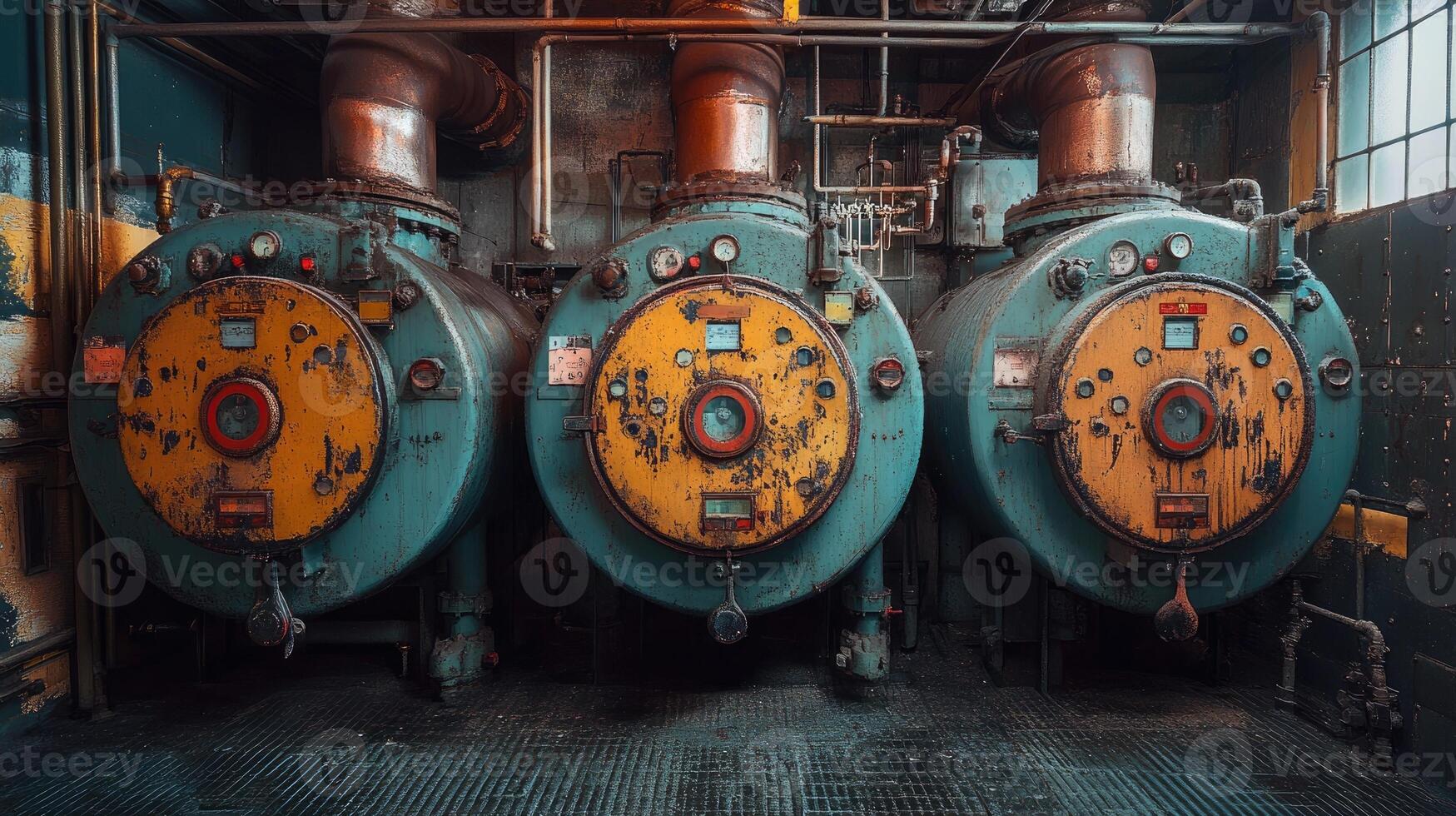 Old industrial boilers showing their age and disuse in factory setting photo
