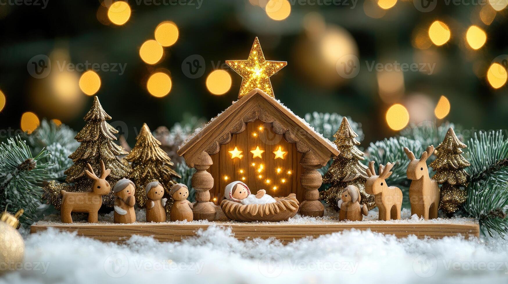 Wooden nativity scene with baby jesus in manger surrounded by mary, joseph and the three wise men photo