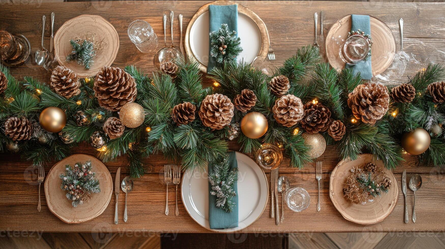 Christmas table setting decorated with pine branches and golden balls with burning garland on wooden background photo