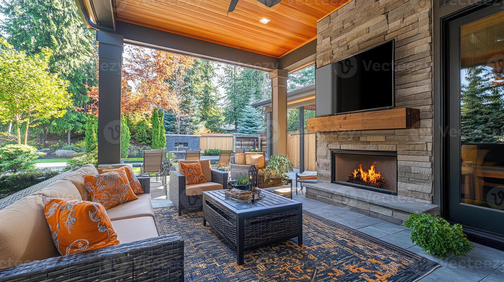 Modern outdoor living space with fireplace and tv relaxing on an autumn day photo