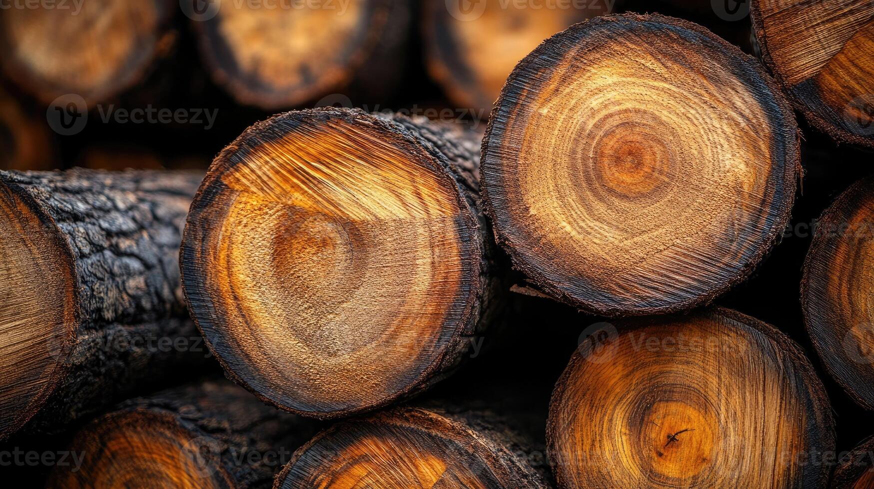 Stack of sawn logs showing growth rings in lumberyard photo