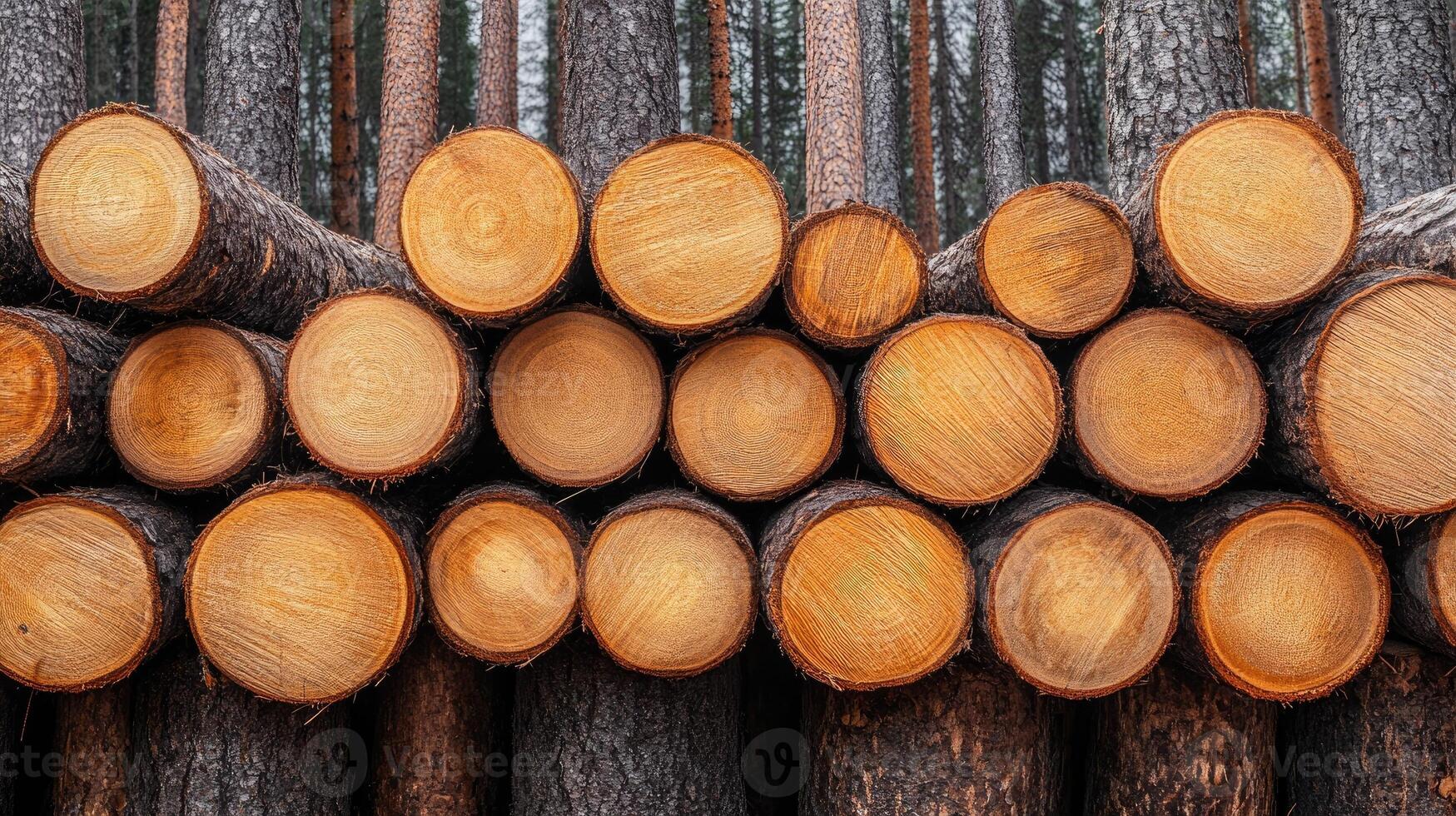 Pile of freshly cut tree trunks in a forest photo
