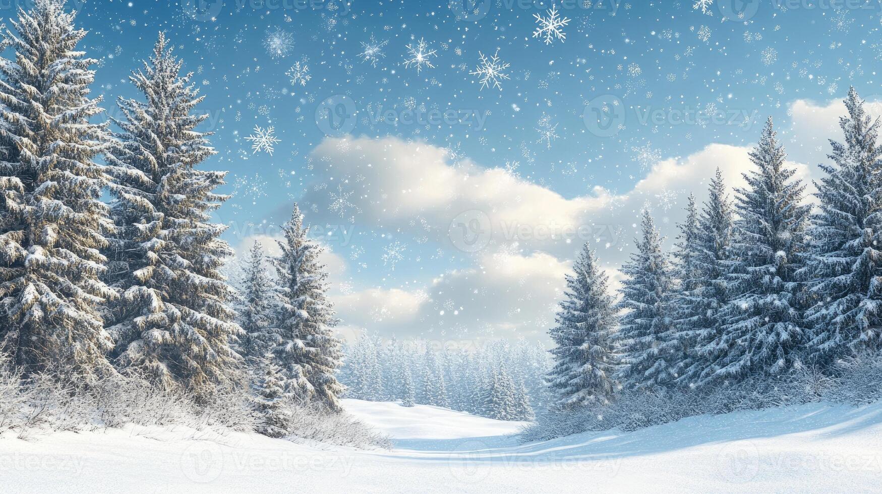 Snow falling on beautiful coniferous trees in winter forest photo