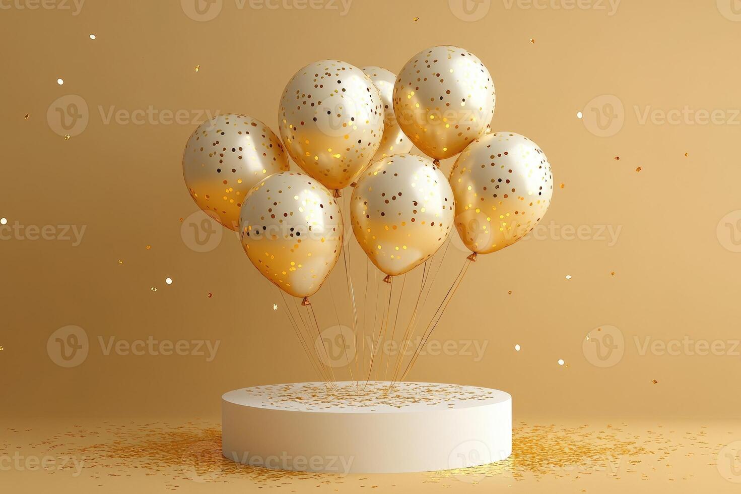 Bunch of golden balloons floating above a podium with falling confetti photo
