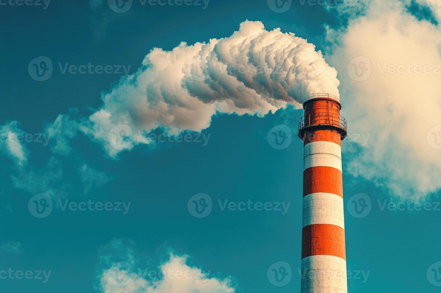 Industrial chimney emitting smoke into the atmosphere on blue sky photo