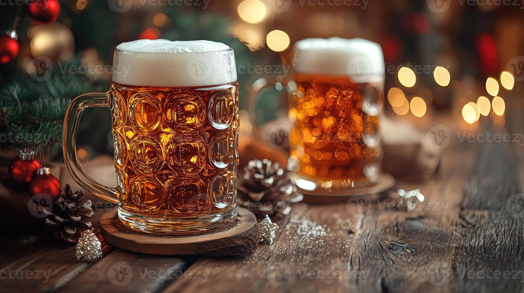 Two glasses of beer are standing on a wooden table with christmas decoration and bokeh lights on background photo