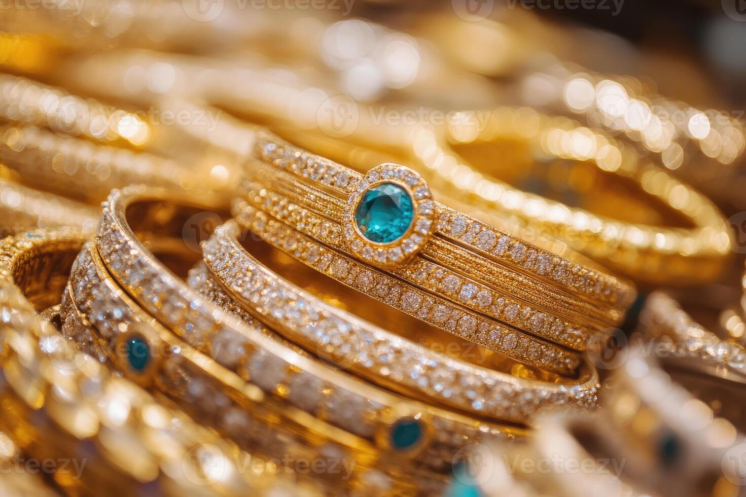 Gold bracelets with diamonds and emerald gemstones shining in jewelry store display photo