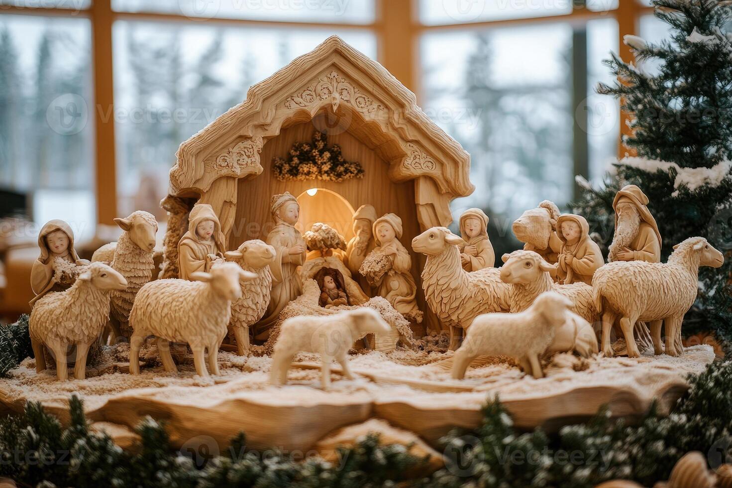 Wooden nativity scene depicting the birth of jesus with mary and joseph photo