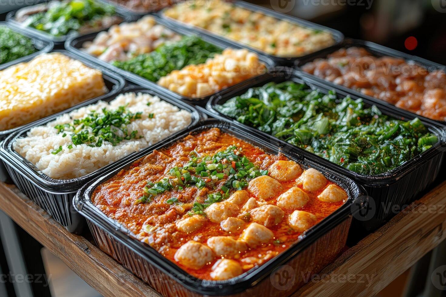 Variety of delicious salads displayed on a wooden countertop in a store photo